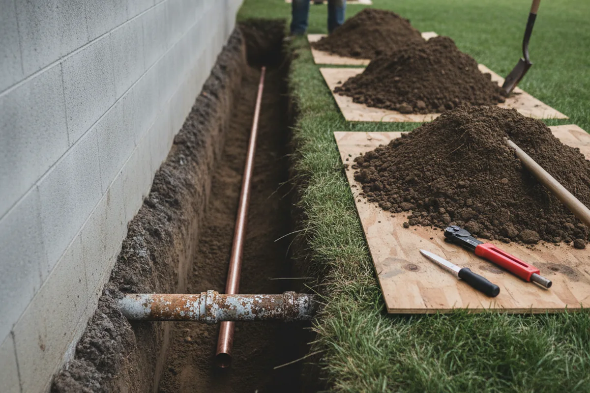 Excavated water line trench during Water Softener Installation in Louisburg
